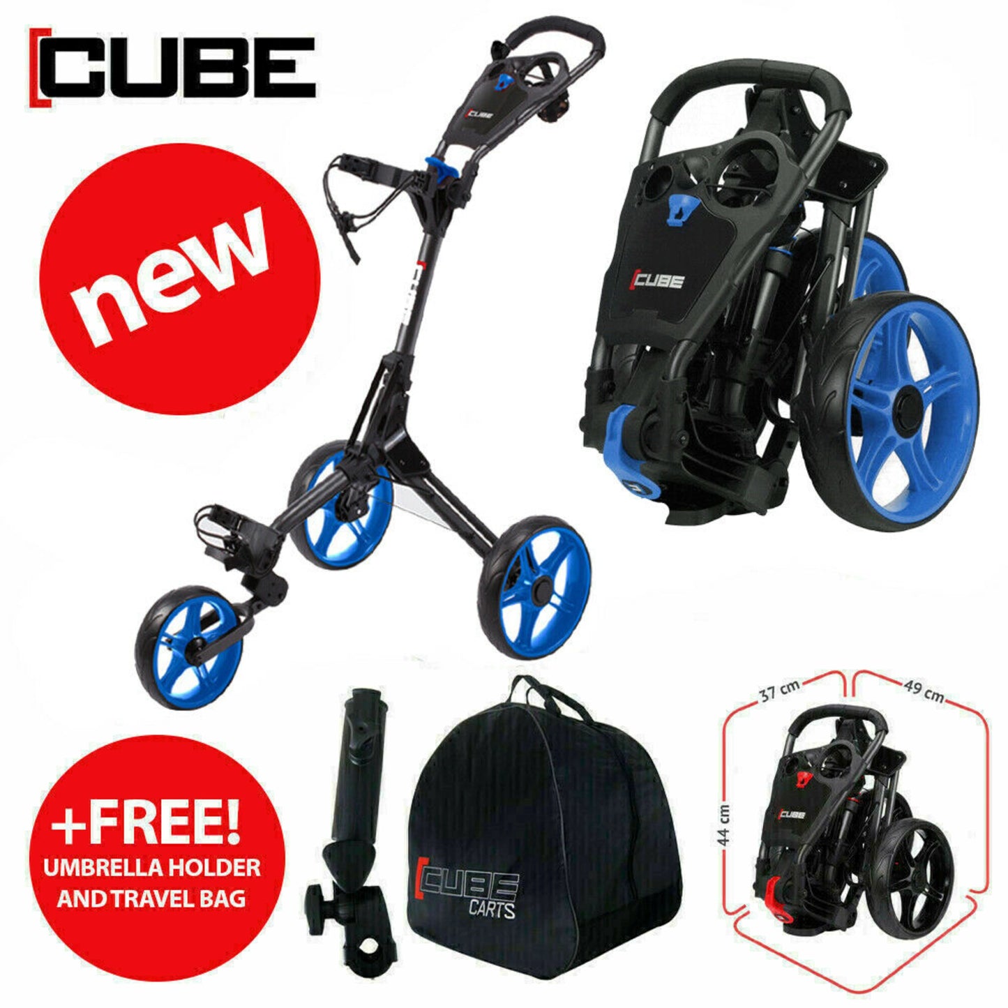 Cube Cart 3.0 - 3 Wheel Golf Trolley - White / Blue